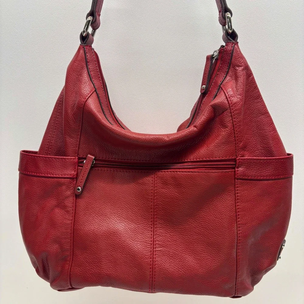 Tignanello Hobo Shoulder Bag Pebbled Leather Red Silver Hardware Buckle Y2K